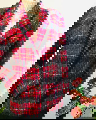 Set sacou in carouri roșu negru , lana in amestec