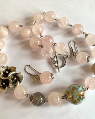 ETHEREAL PINK-cuarț roz,agate,murano,zamac argintat