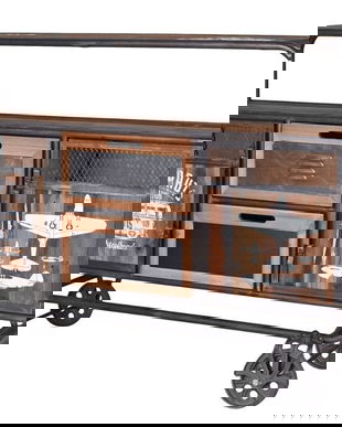 Masa industriala din lemn masiv cu roti metalice