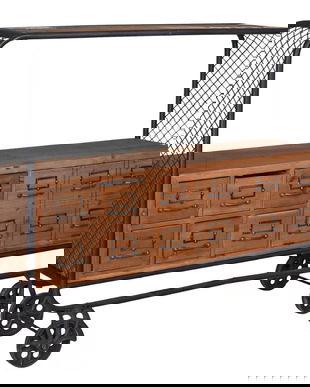 Masa industriala din lemn masiv cu roti metalice