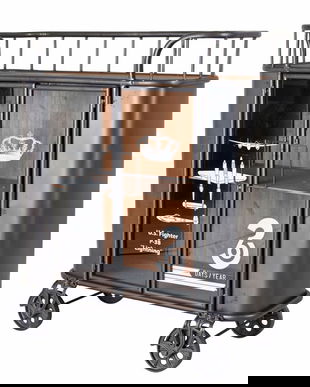 Minibar industrial din lemn masiv cu roti metalice