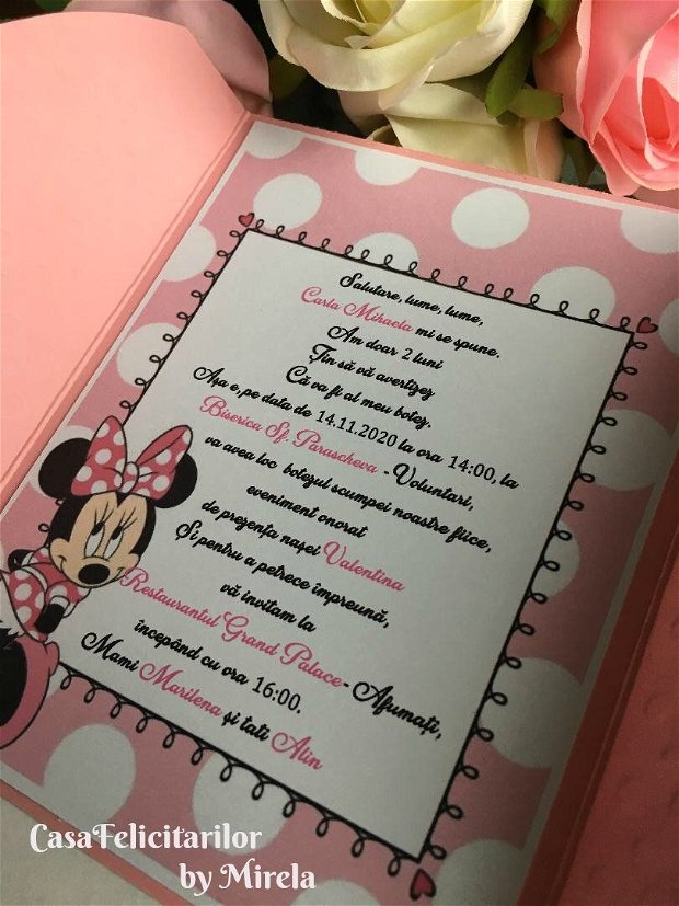 Invitatie botez fetite Minnie Mouse roz