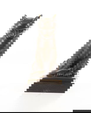 Pisicuta sezand-statueta din bronz pe un soclu din marmura