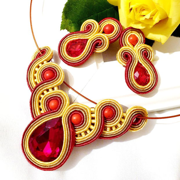 Set roșu-auriu cu cristale, Bijuterii soutache