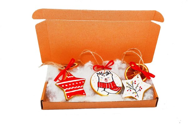 Christmas Box -Animalute Vesele Nr.2 -Trei globuri din praf ceramic pictate cu foita de aur lichida si acrilice