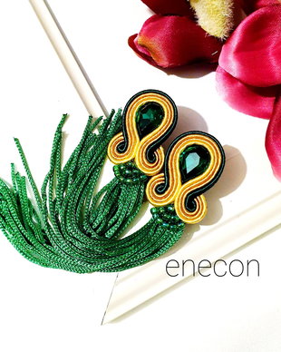 Cercei verzi cu franjuri,  Cercei soutache cu cristale, Cercei pe lob