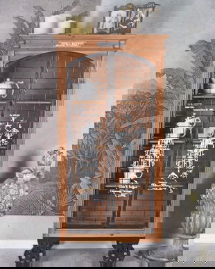 Vitrina industriala din lemn masiv cu roti metalice