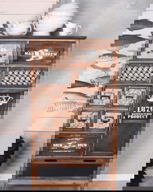 Vitrina industriala din lemn masiv maro cu multe sertare