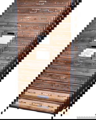 Bufet industrial din lemn masiv maro cu multe sertare