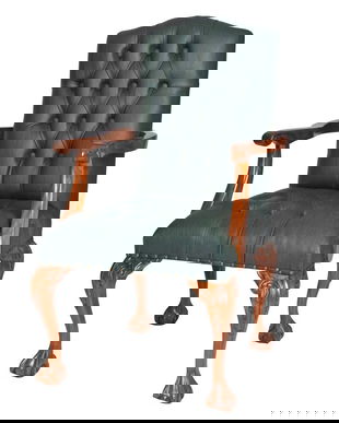 Fotoliu Chesterfield din lemn mahon cu tapiterie verde