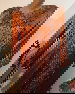 Rochie -kurta , saten cognac brodat cu paiete