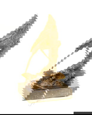 Pasarea cardinal-statueta din bronz pe un soclu din marmura