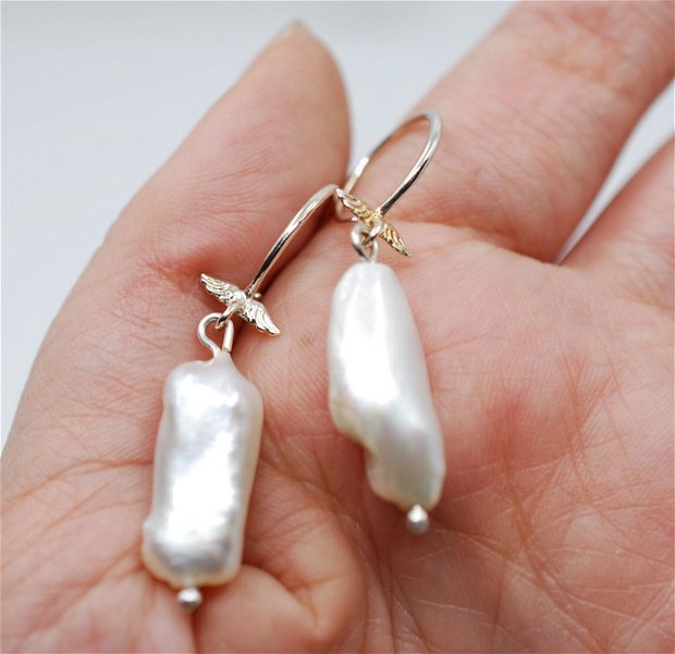 Cercei din argint cu perle Biwa, aripi inger, cercei lungi argint, cercei statement, cercei handmade