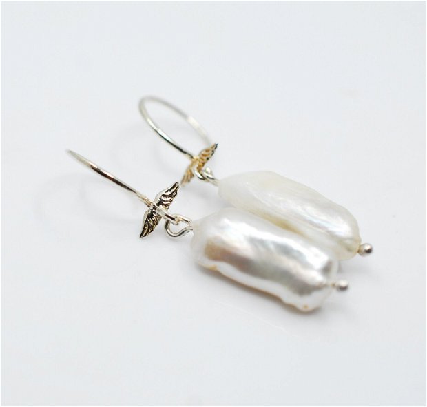 Cercei din argint cu perle Biwa, aripi inger, cercei lungi argint, cercei statement, cercei handmade