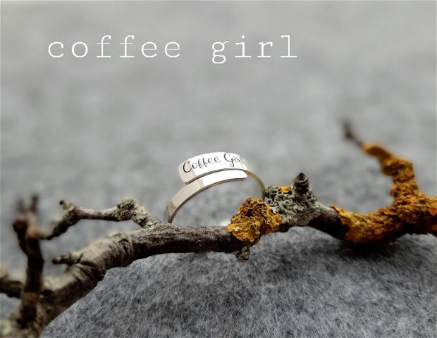 Inel reglabil din argint cu mesaj COFFEE GIRL