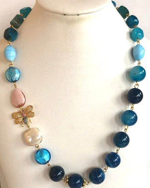BLUE BEE-agate,murano,link albinuță decorată cu zirconia