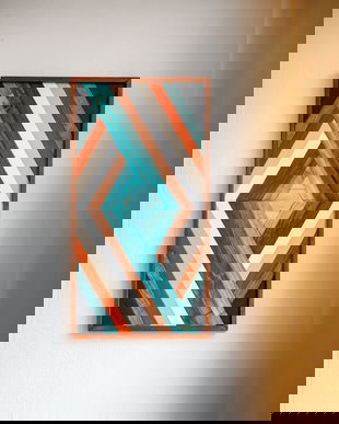 "Portal" Decorațiune albastra moderna din lemn pentru perte pe vertical sau orizontal, Tablou lemn geometrica