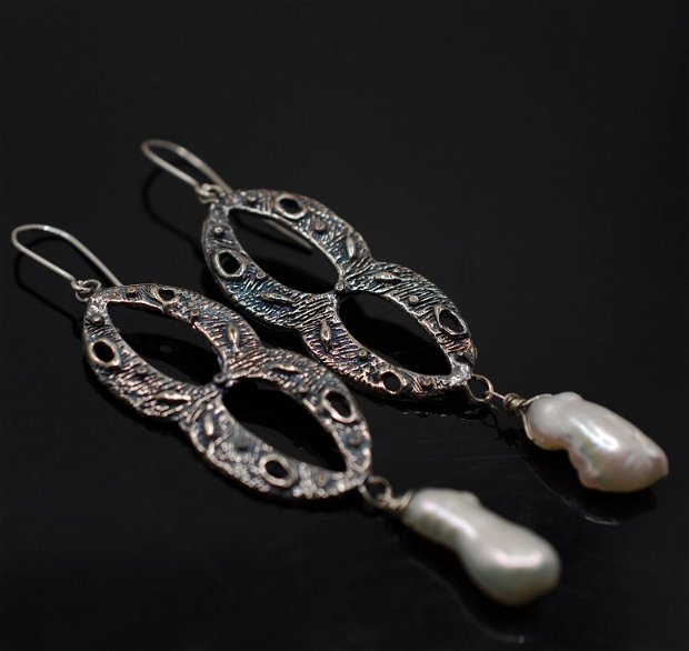 Cercei din argint si perle biwa, cercei lungi argint, cercei statement, cercei handmade