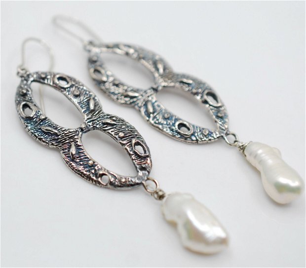 Cercei din argint si perle biwa, cercei lungi argint, cercei statement, cercei handmade