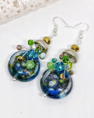 Cercei sticla lampwork cu cristale  si hematit(rezervat)