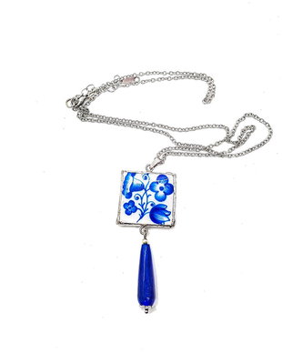 Colier cu pandantiv "Delicate Blue" din Inox, rasina, Jad albastru si Fimo