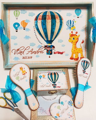 Tava personalizata mot,cu tema Balon aer, girafa, animalute vesele
