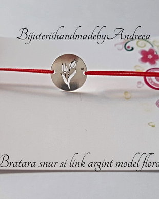 Bratara snur si link banut 12mm argint 925 model floral 1