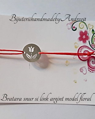 Bratara snur si link banut 12mm argint 925 model floral 2