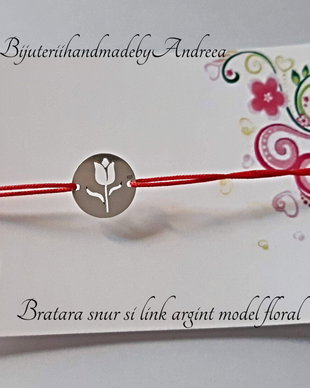 Bratara snur si link banut 12mm argint 925 model floral 4