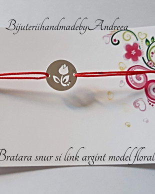 Bratara snur si link banut 12mm argint 925 model floral 6