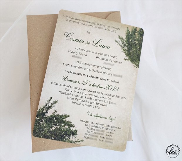 Invitatie nunta rustica, invitatie crengute brad, invitatie nunta in natura, invitatie simpla, forest