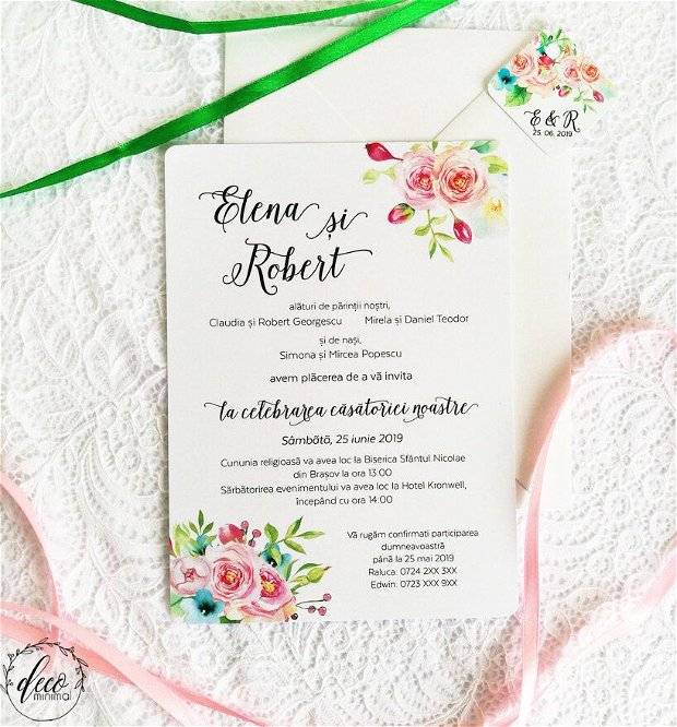 Invitatie nunta Floral Pink, invitatie rustica, invitatie flori