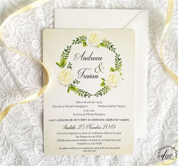 Invitatie nunta White Roses, invitatie rustica, invitatie flori, invitatie flori, natura, trandafiri