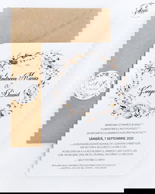 Invitatie nunta flori bumbac si lavanda, coronita, invitatie simpla, invitatie rustica