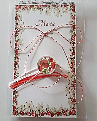 Brosa martisor cabochon sticla 14mm maci