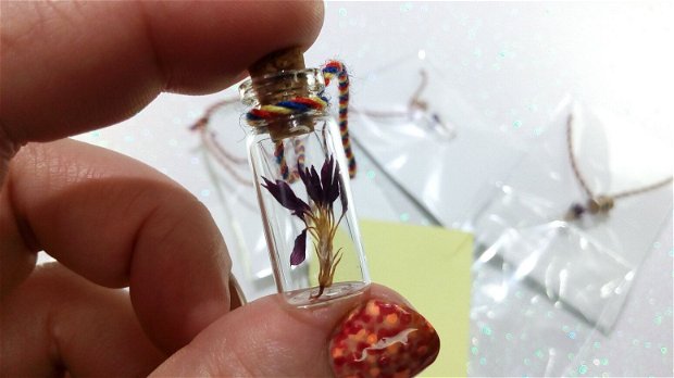 Colier cu floare mov in sticluta si snur tricolor