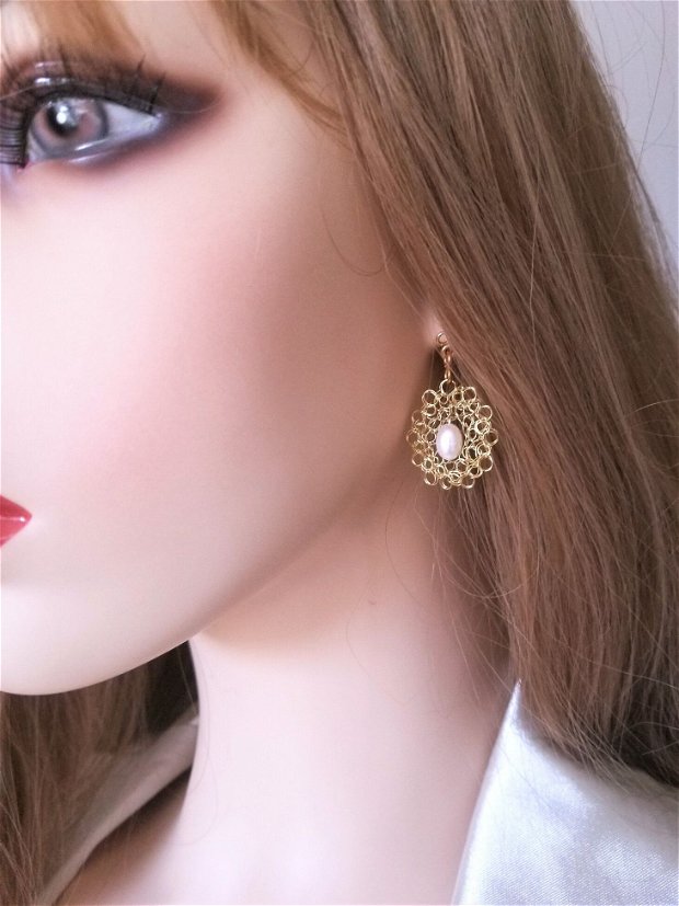 Cercei auriti-cupru placat cu aur, perle de cultura