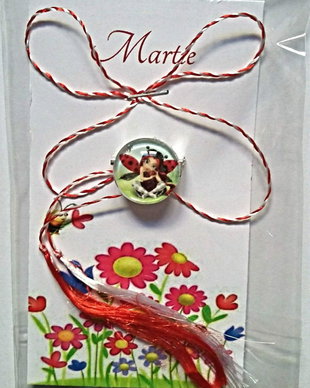 Brosa martisor cabochon sticla 14mm lady bug