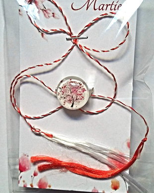 Brosa martisor cabochon sticla 14mm copacul vietii roz
