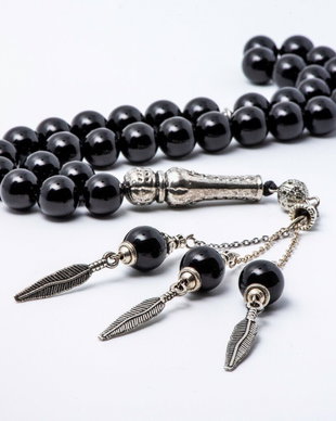 Matanie onix negru sfere 10 mm, 33 bile asezate in 3 grupuri de cate 11 si elemente metalice 3 frunzulite