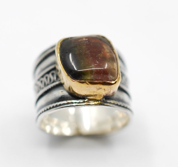 Inel turmalina watermelon cu argint si profil gold-filled
