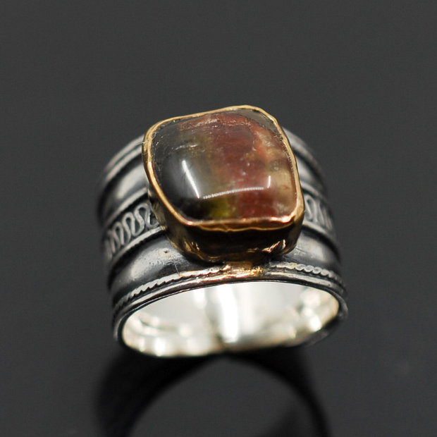 Inel turmalina watermelon cu argint si profil gold-filled