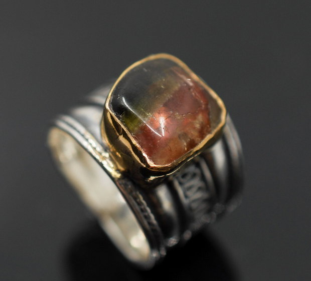 Inel turmalina watermelon cu argint si profil gold-filled