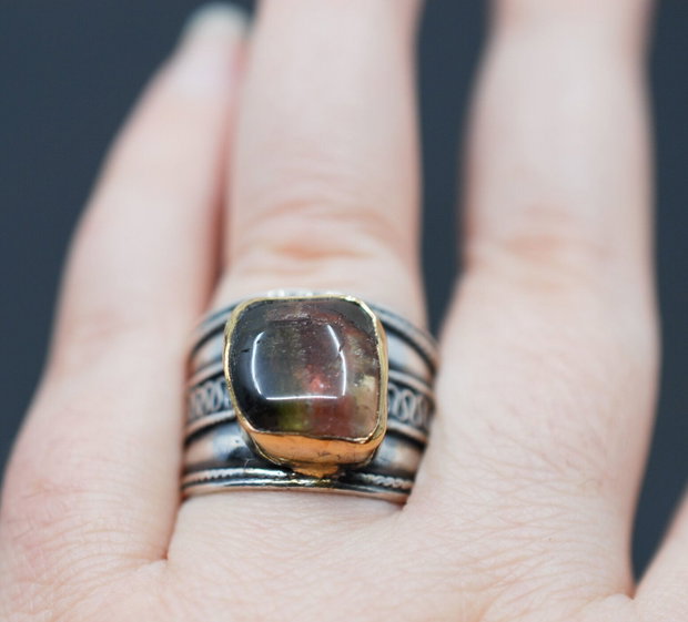 Inel turmalina watermelon cu argint si profil gold-filled