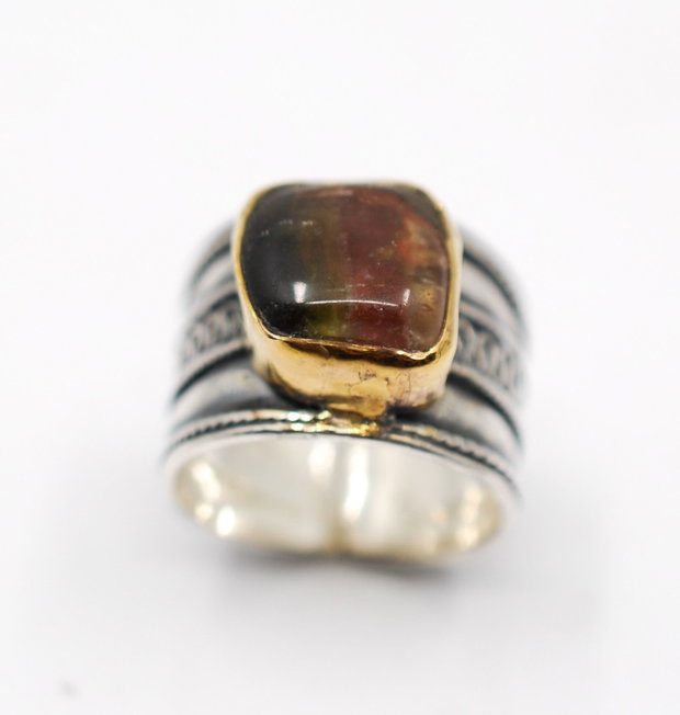 Inel turmalina watermelon cu argint si profil gold-filled