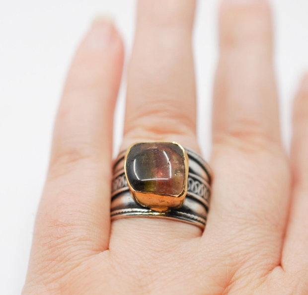 Inel turmalina watermelon cu argint si profil gold-filled