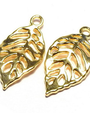 Pandantiv metalic, auriu, frunza, 22.5x11.5 mm