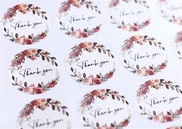 Stickere - Kraft / albe - Floral - Thank you - personalizabile
