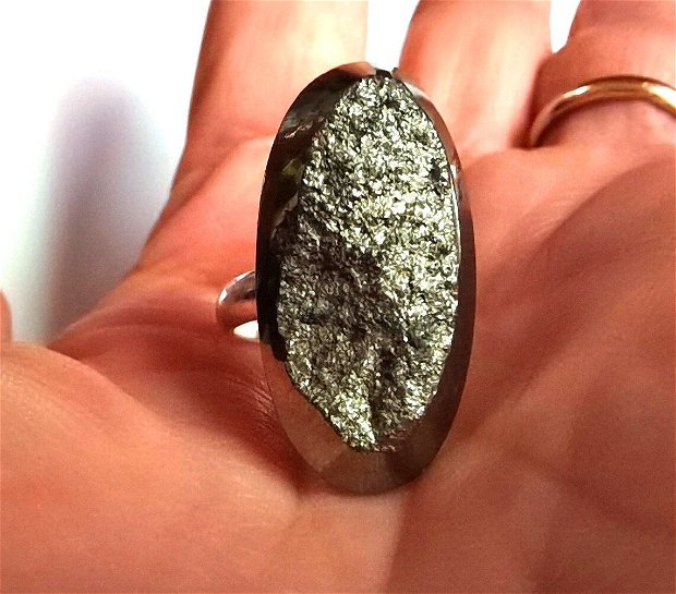 Inel Pirita druzy si Argint 925 - IN888 - Inel auriu vintage, inel pietre semipretioase, cadou romantic elegant, cristaloterapie