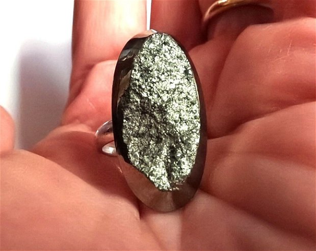 Inel Pirita druzy si Argint 925 - IN888 - Inel auriu vintage, inel pietre semipretioase, cadou romantic elegant, cristaloterapie